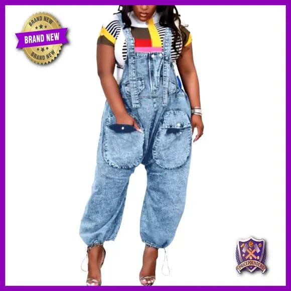 Women's Loose Fit Denim Overalls with Cargo Pockets Wide Leg Jumpsuit